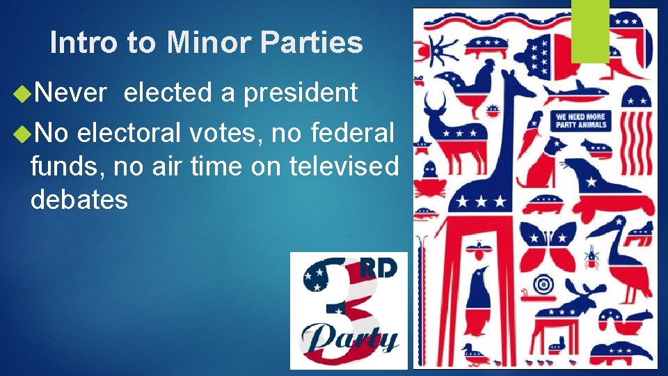 Intro to Minor Parties Never elected a president No electoral votes, no federal funds,