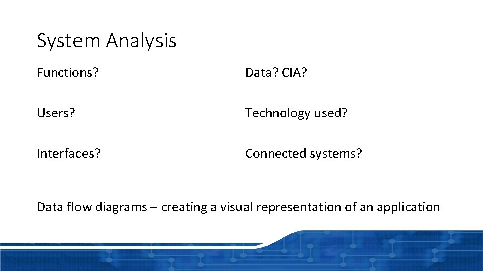 System Analysis Functions? Data? CIA? Users? Technology used? Interfaces? Connected systems? Data flow diagrams