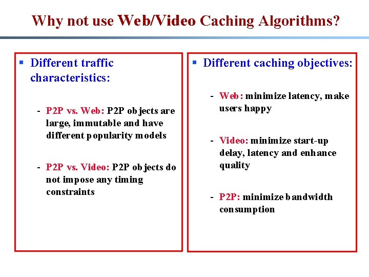 Why not use Web/Video Caching Algorithms? § Different traffic characteristics: - P 2 P