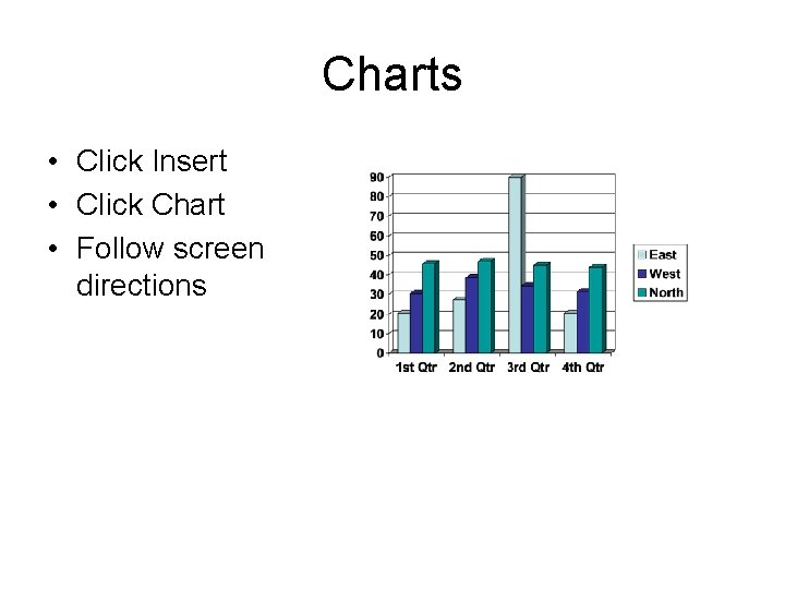 Charts • Click Insert • Click Chart • Follow screen directions Charts • Click Insert • Click Chart • Follow screen directions