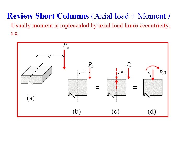 Review Short Columns (Axial load + Moment ) Usually moment is represented by axial