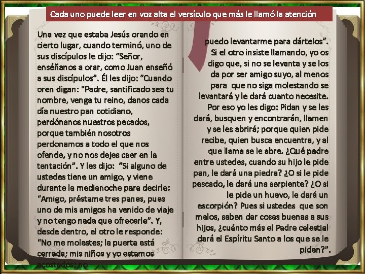 Cada uno puede leer en voz alta el versículo que más le llamó la