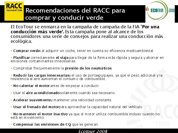 Recomendaciones del RACC para comprar y conducir verde El Eco. Tour se enmarca en