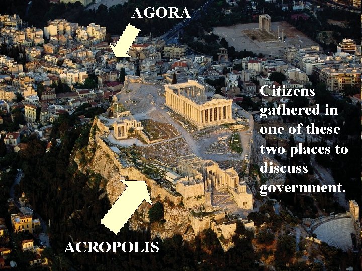 AGORA Citizens gathered in one of these two places to discuss government. ACROPOLIS 