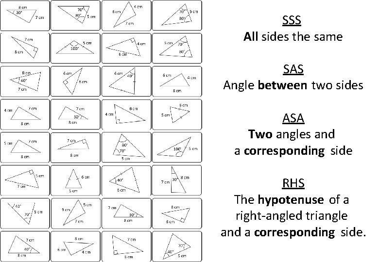 SSS All sides the same SAS Angle between two sides ASA Two angles and