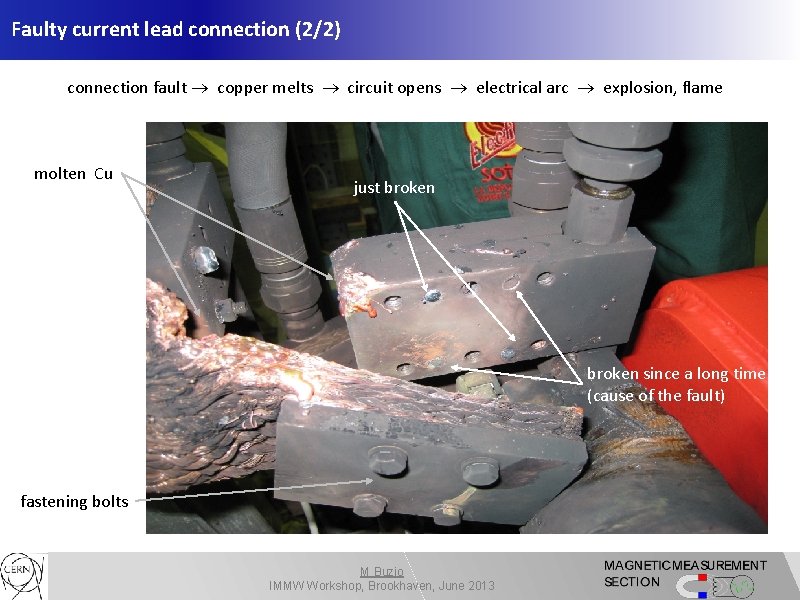 Faulty current lead connection (2/2) connection fault copper melts circuit opens electrical arc explosion,