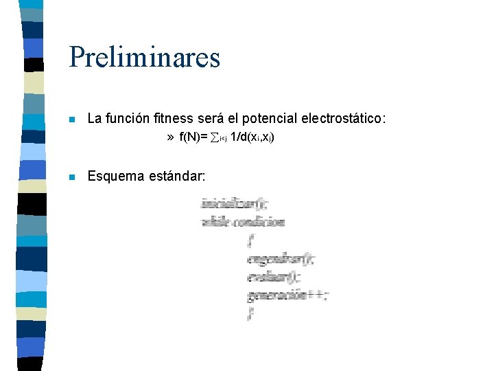 Preliminares n La función fitness será el potencial electrostático: » f(N)= i<j 1/d(xi, xj)