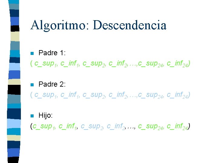 Algoritmo: Descendencia Padre 1: ( c_sup 1, c_inf 1, c_sup 2, c_inf 2, …,