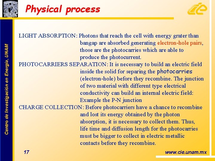 Centro de Investigación en Energía, UNAM Physical process LIGHT ABSORPTION: Photons that reach the