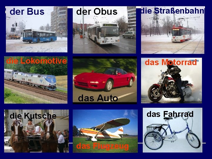 der Bus der Obus die Lokomotive die Straßenbahn das Motorrad das Auto das Fahrrad