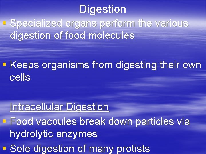 Digestion § Specialized organs perform the various digestion of food molecules § Keeps organisms