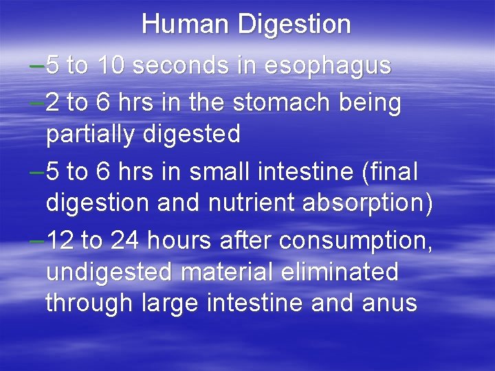 Human Digestion – 5 to 10 seconds in esophagus – 2 to 6 hrs