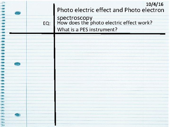 10/4/16 EQ: Photo electric effect and Photo electron spectroscopy How does the photo electric