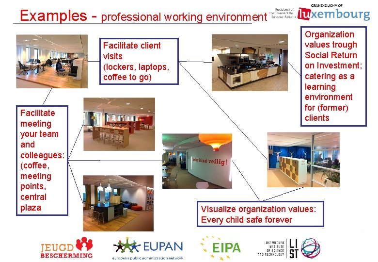 Examples - professional working environment Facilitate client visits (lockers, laptops, coffee to go) Facilitate