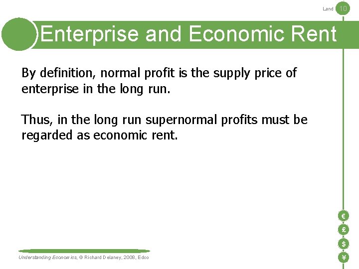 Land 10 Enterprise and Economic Rent By definition, normal profit is the supply price