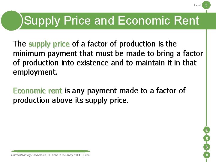 Land 5 Supply Price and Economic Rent The supply price of a factor of