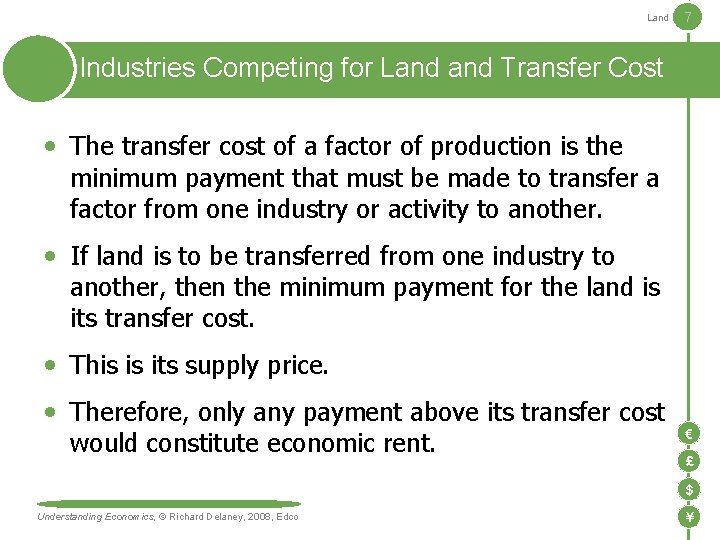 Land 7 Industries Competing for Land Transfer Cost The transfer cost of a factor