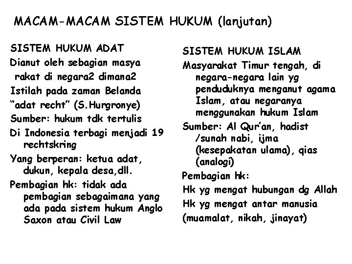 MACAM-MACAM SISTEM HUKUM (lanjutan) SISTEM HUKUM ADAT Dianut oleh sebagian masya rakat di negara