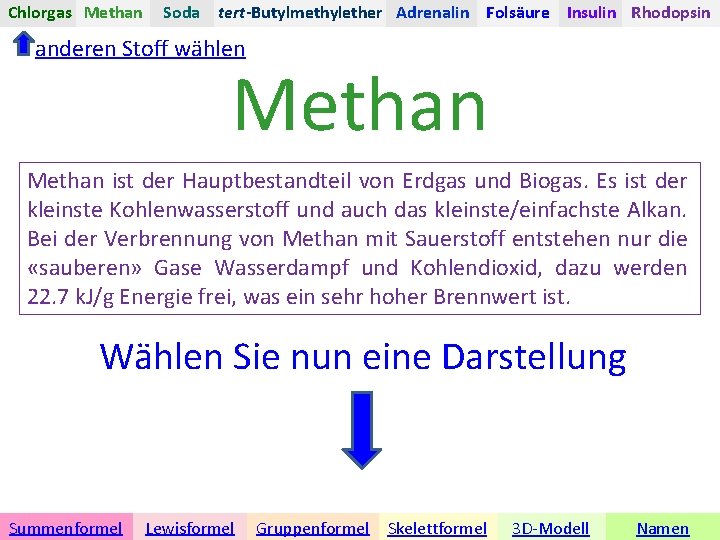 Chlorgas Methan Soda tert-Butylmethylether Adrenalin Folsäure Insulin Rhodopsin anderen Stoff wählen Methan ist der