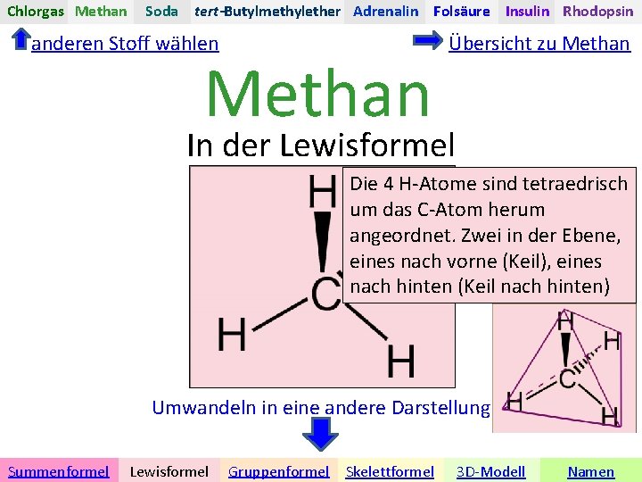 Chlorgas Methan Soda tert-Butylmethylether Adrenalin Folsäure Insulin Rhodopsin anderen Stoff wählen Methan Übersicht zu