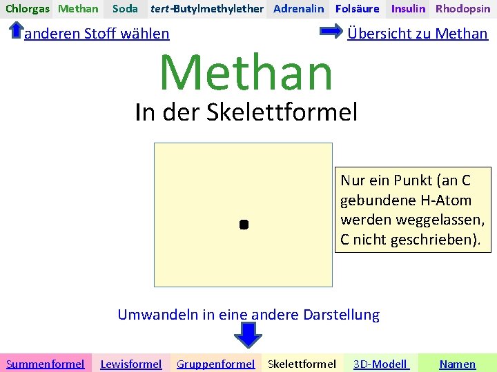 Chlorgas Methan Soda tert-Butylmethylether Adrenalin Folsäure Insulin Rhodopsin anderen Stoff wählen Methan Übersicht zu