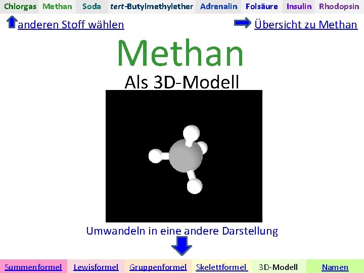 Chlorgas Methan Soda tert-Butylmethylether Adrenalin Folsäure Insulin Rhodopsin anderen Stoff wählen Methan Übersicht zu