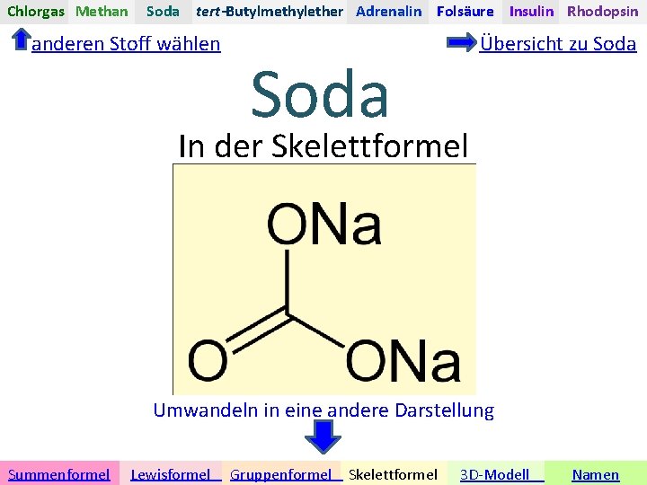 Chlorgas Methan Soda tert-Butylmethylether Adrenalin Folsäure Insulin Rhodopsin anderen Stoff wählen Soda Übersicht zu