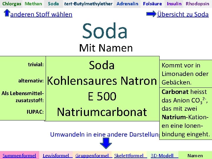 Chlorgas Methan Soda tert-Butylmethylether Adrenalin Folsäure Insulin Rhodopsin anderen Stoff wählen Soda Übersicht zu
