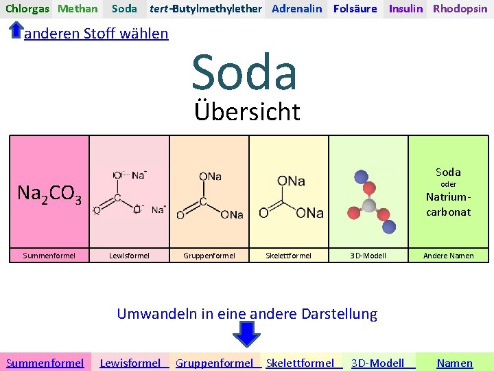 Chlorgas Methan Soda tert-Butylmethylether Adrenalin Folsäure Insulin Rhodopsin anderen Stoff wählen Soda Übersicht Soda