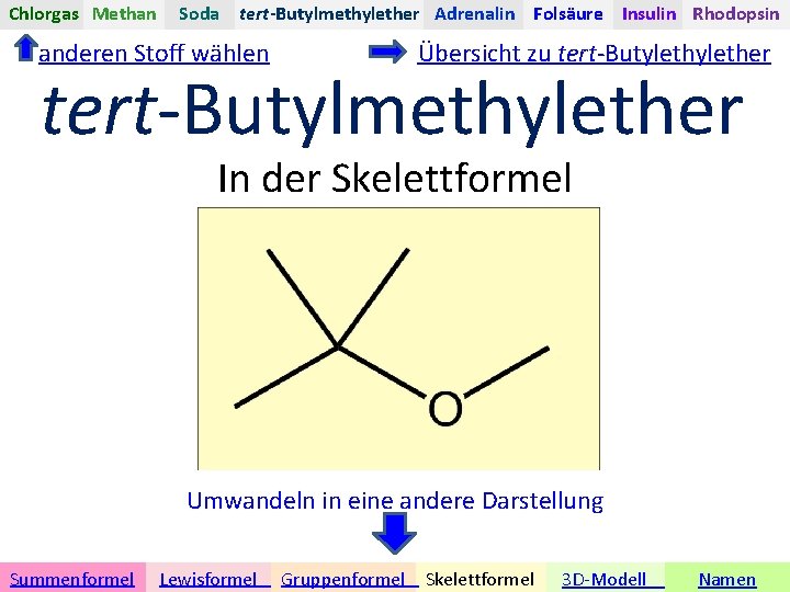 Chlorgas Methan Soda tert-Butylmethylether Adrenalin Folsäure Insulin Rhodopsin anderen Stoff wählen Übersicht zu tert-Butylether