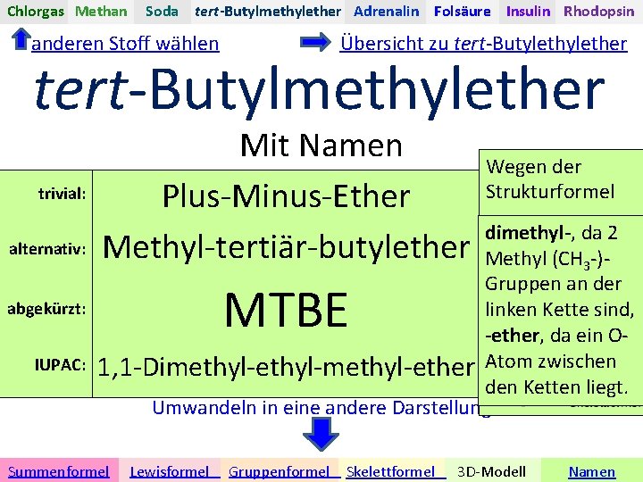 Chlorgas Methan Soda tert-Butylmethylether Adrenalin Folsäure Insulin Rhodopsin anderen Stoff wählen Übersicht zu tert-Butylether