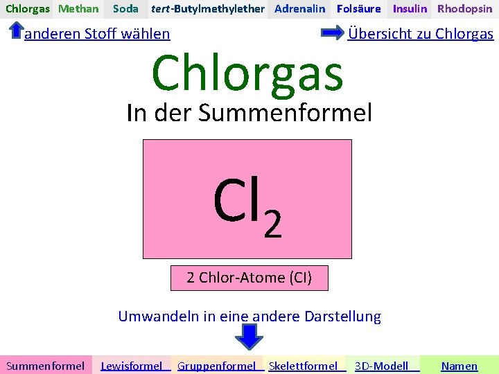 Chlorgas Methan Soda tert-Butylmethylether Adrenalin Folsäure Insulin Rhodopsin anderen Stoff wählen Chlorgas Übersicht zu