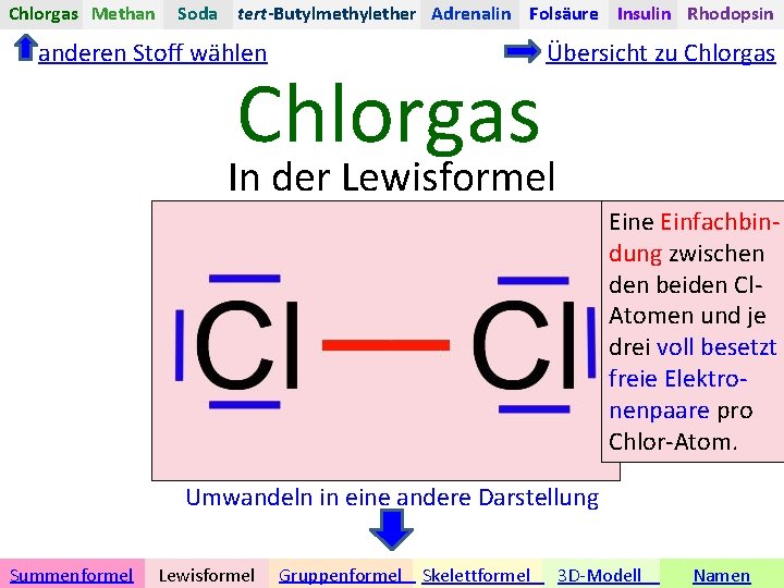 Chlorgas Methan Soda tert-Butylmethylether Adrenalin Folsäure Insulin Rhodopsin anderen Stoff wählen Chlorgas Übersicht zu