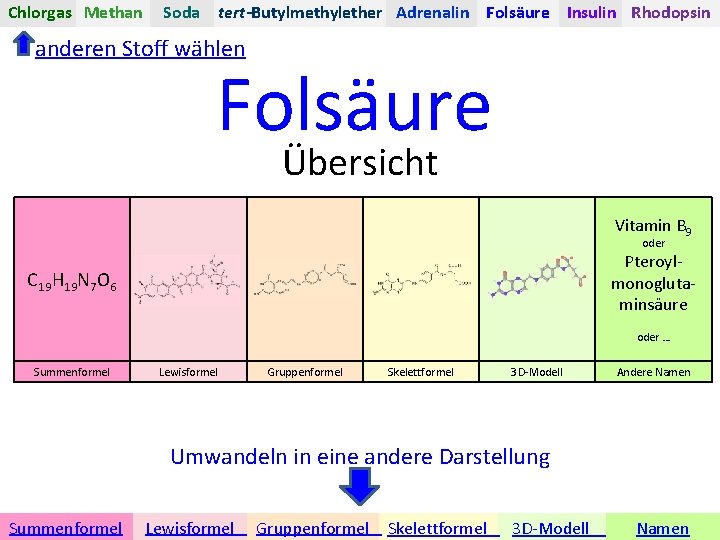 Chlorgas Methan Soda tert-Butylmethylether Adrenalin Folsäure Insulin Rhodopsin anderen Stoff wählen Folsäure Übersicht Vitamin