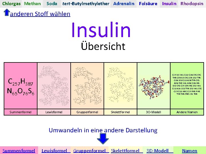 Chlorgas Methan Soda tert-Butylmethylether Adrenalin Folsäure Insulin Rhodopsin anderen Stoff wählen Insulin Übersicht GLY-ILE-VAL-GLU-GLN-CYSTHR-SER-ILE-CYS-SER-LEU-TYRGLN-LEU-GLU-ASN-TYR-CYSASN-PHE-VAL-ASN-GLN-HISLEU-CYS-GLY-SER-HIS-LEU-VALGLU-ALA-LEU-TYR-LEU-VAL-CYS