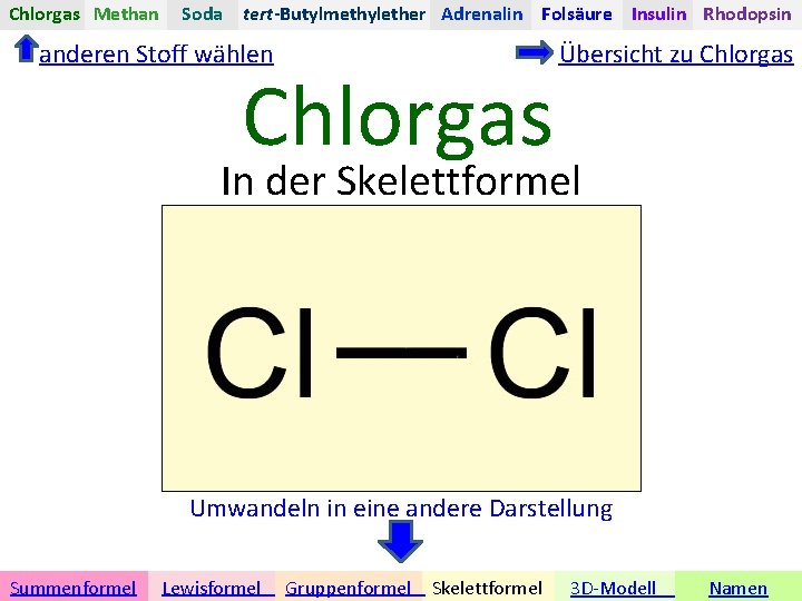 Chlorgas Methan Soda tert-Butylmethylether Adrenalin Folsäure Insulin Rhodopsin anderen Stoff wählen Chlorgas Übersicht zu