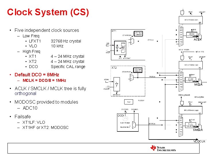 Clock System (CS) • Five independent clock sources – Low Freq • LFXT 1