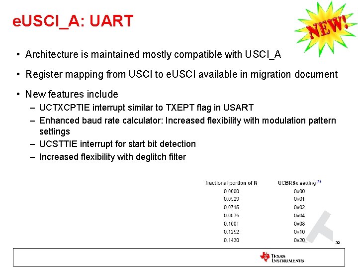 e. USCI_A: UART • Architecture is maintained mostly compatible with USCI_A • Register mapping