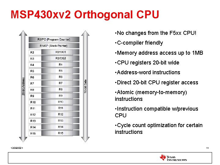 MSP 430 xv 2 Orthogonal CPU • No changes from the F 5 xx