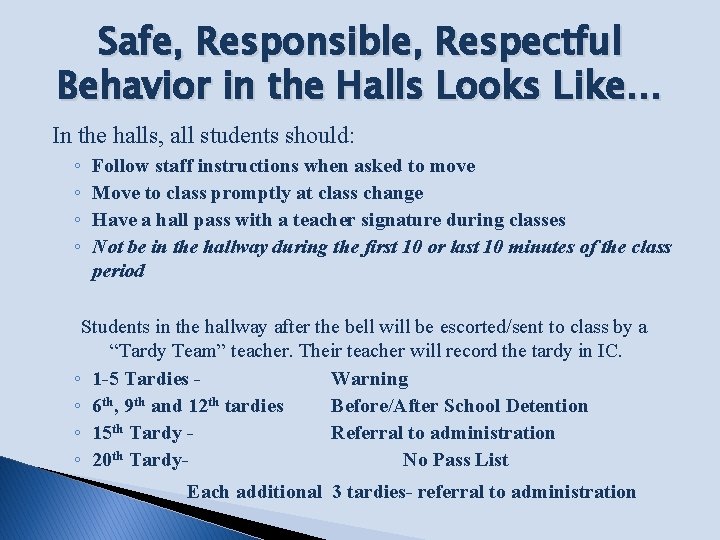 Safe, Responsible, Respectful Behavior in the Halls Looks Like… In the halls, all students