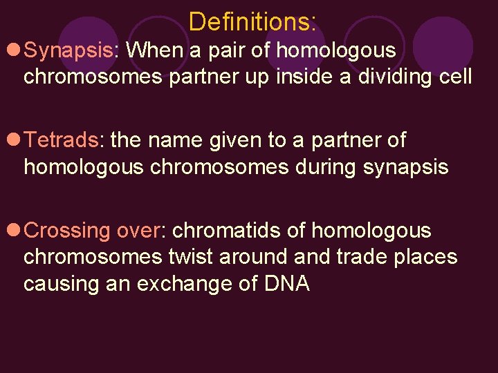 Definitions: l Synapsis: When a pair of homologous chromosomes partner up inside a dividing