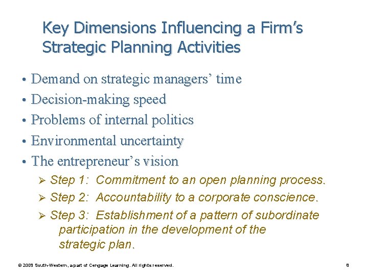 Key Dimensions Influencing a Firm’s Strategic Planning Activities • Demand on strategic managers’ time