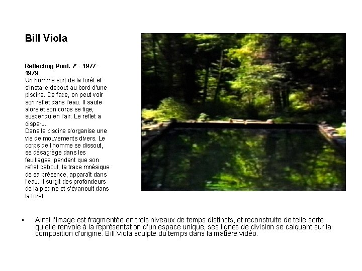 Bill Viola Reflecting Pool. 7’ - 19771979 Un homme sort de la forêt et