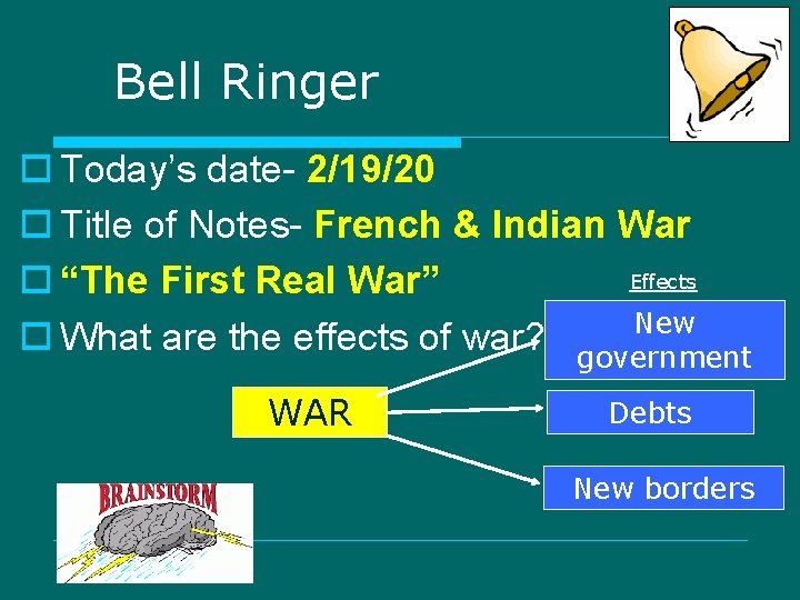 Bell Ringer o Today’s date- 2/19/20 o Title of Notes- French & Indian War Bell Ringer o Today’s date- 2/19/20 o Title of Notes- French & Indian War