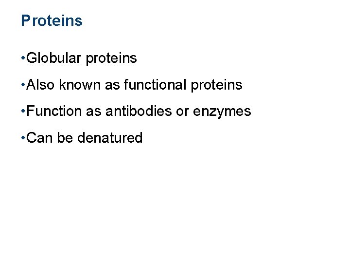 Proteins • Globular proteins • Also known as functional proteins • Function as antibodies