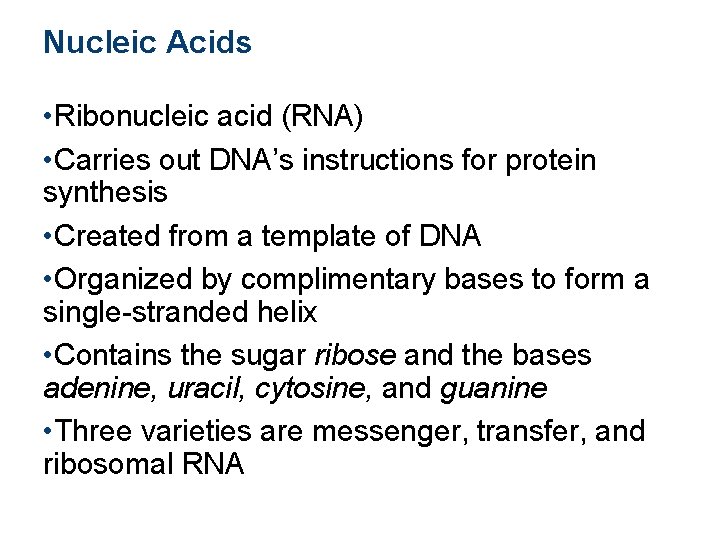 Nucleic Acids • Ribonucleic acid (RNA) • Carries out DNA’s instructions for protein synthesis