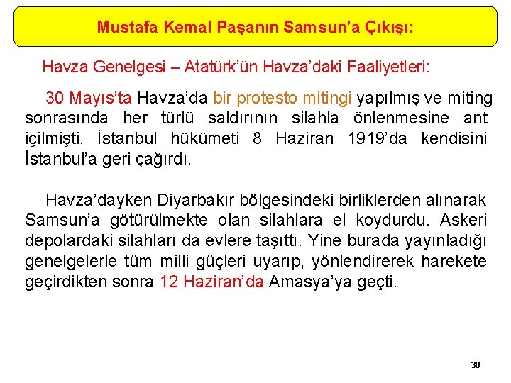 Mustafa Kemal Paşanın Samsun’a Çıkışı: Havza Genelgesi – Atatürk’ün Havza’daki Faaliyetleri: 30 Mayıs’ta Havza’da