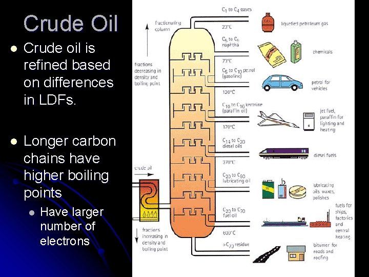 Crude Oil l Crude oil is refined based on differences in LDFs. l Longer