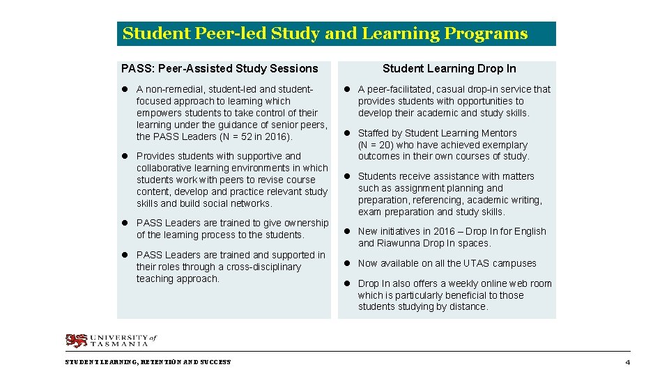 Student Peer-led Study and Learning Programs PASS: Peer-Assisted Study Sessions l A non-remedial, student-led