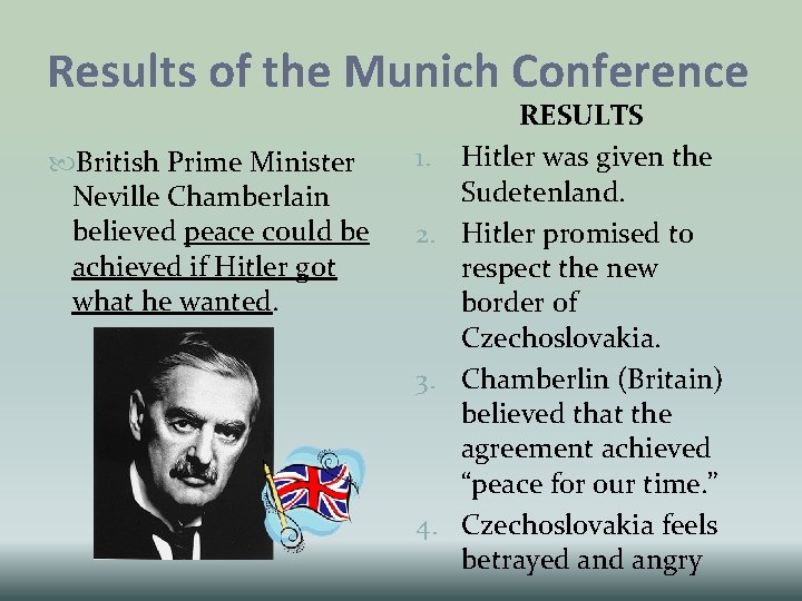 Results of the Munich Conference British Prime Minister Neville Chamberlain believed peace could be